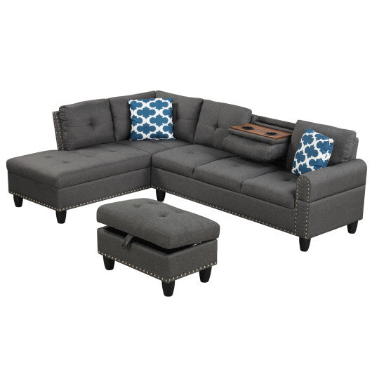 98 Inches Sectional Sofa Couch with Movable Storage Ottoman and Linen Fabric Backs-DG LuxuryLifeWay Online Store