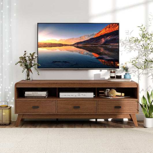 Mid Century Modern TV Stand for TVs up to 70" with 3 Storage Drawers and Open Shelves-Walnut LuxuryLifeWay Online Store