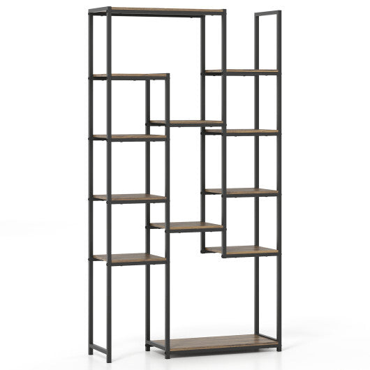 71 Inch Tall Vintage Geometric  Bookshelf 12 Open Shelves-Walnut LuxuryLifeWay Online Store