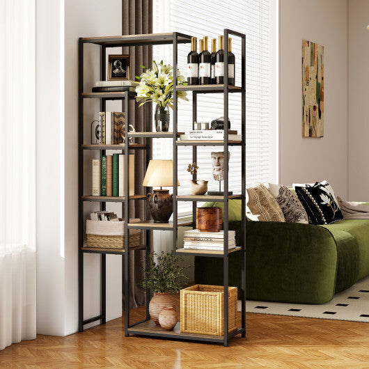 71 Inch Tall Vintage Geometric  Bookshelf 12 Open Shelves-Walnut LuxuryLifeWay Online Store