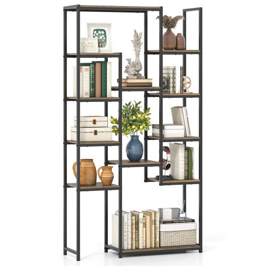 71 Inch Tall Vintage Geometric  Bookshelf 12 Open Shelves-Walnut LuxuryLifeWay Online Store