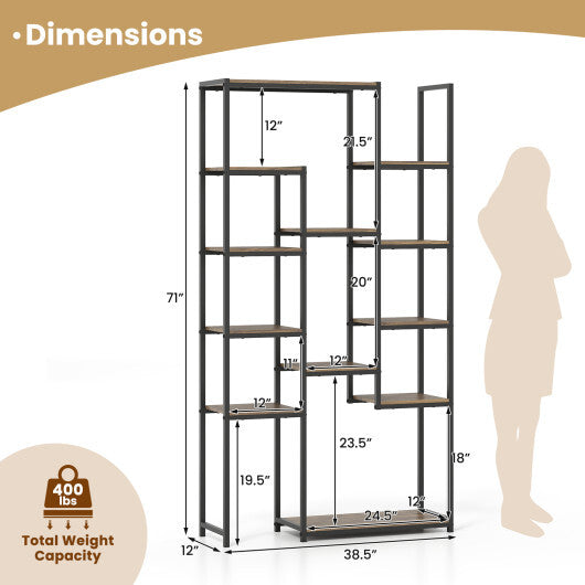 71 Inch Tall Vintage Geometric  Bookshelf 12 Open Shelves-Walnut LuxuryLifeWay Online Store