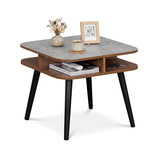 Side Table Faux Marble End Table with Storage Shelves and Rubber Wood Legs-Walnut LuxuryLifeWay Online Store