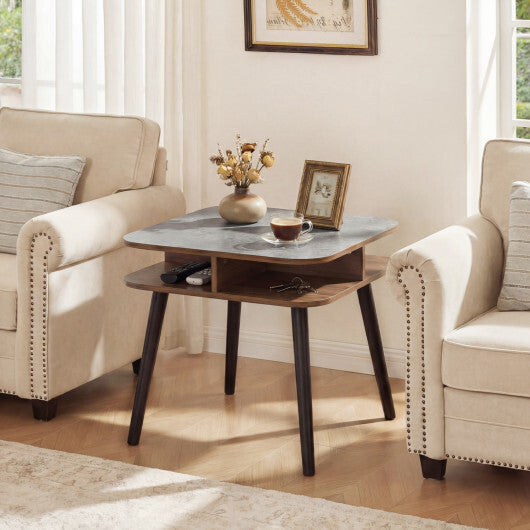 Side Table Faux Marble End Table with Storage Shelves and Rubber Wood Legs-Walnut LuxuryLifeWay Online Store
