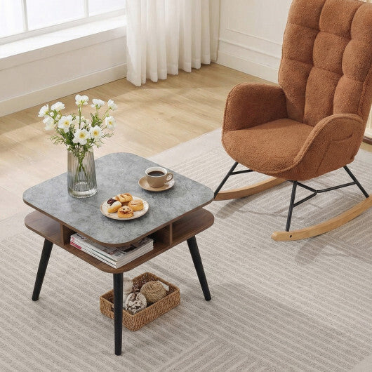 Side Table Faux Marble End Table with Storage Shelves and Rubber Wood Legs-Walnut LuxuryLifeWay Online Store