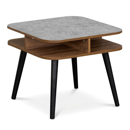 Side Table Faux Marble End Table with Storage Shelves and Rubber Wood Legs-Walnut LuxuryLifeWay Online Store