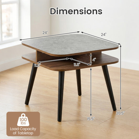 Side Table Faux Marble End Table with Storage Shelves and Rubber Wood Legs-Walnut LuxuryLifeWay Online Store