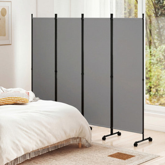 4-Panel Room Divider with Lockable Wheels for Living Room-Beige