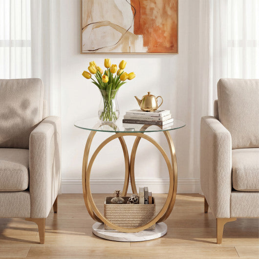 Round End Table Faux Marble Side Table with Tempered Glass Tabletop-Gold LuxuryLifeWay Online Store