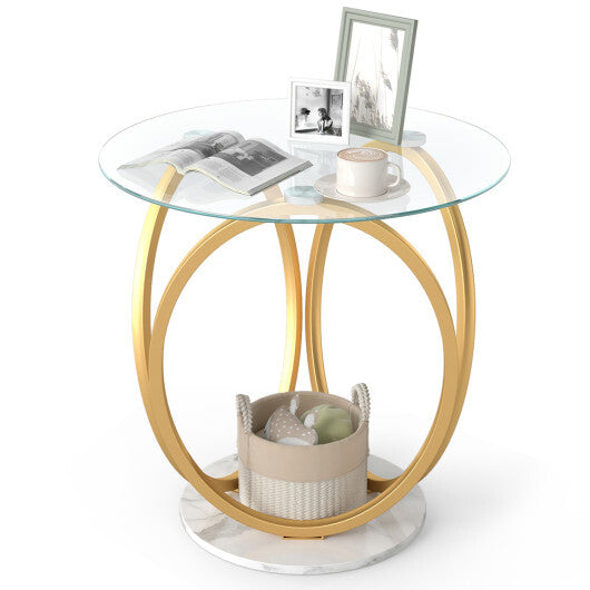 Round End Table Faux Marble Side Table with Tempered Glass Tabletop-Gold LuxuryLifeWay Online Store