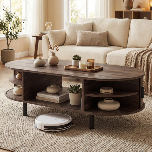 Oval Coffee Table 47.5inch Wooden Center Table with Storage-Walnut LuxuryLifeWay Online Store
