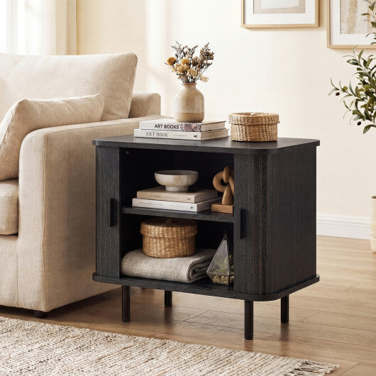 End Table Modern Mid Century Nightstand with Sliding Tambour Doors and Storage Shelf-Natural LuxuryLifeWay Online Store