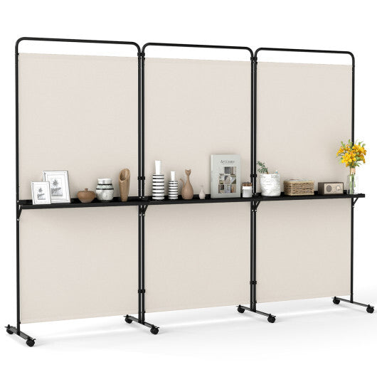 3-Panel Room Divider with Shelves 6 FT Tall Folding Privacy Screen with Lockable Wheels-White LuxuryLifeWay Online Store