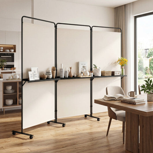 3-Panel Room Divider with Shelves 6 FT Tall Folding Privacy Screen with Lockable Wheels-White LuxuryLifeWay Online Store