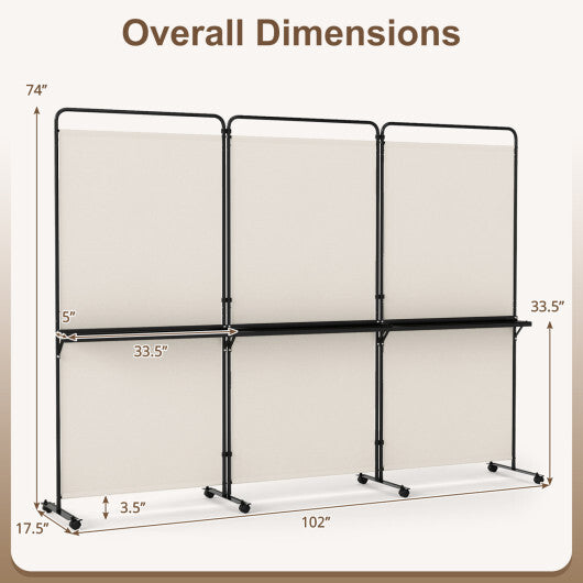 3-Panel Room Divider with Shelves 6 FT Tall Folding Privacy Screen with Lockable Wheels-White LuxuryLifeWay Online Store