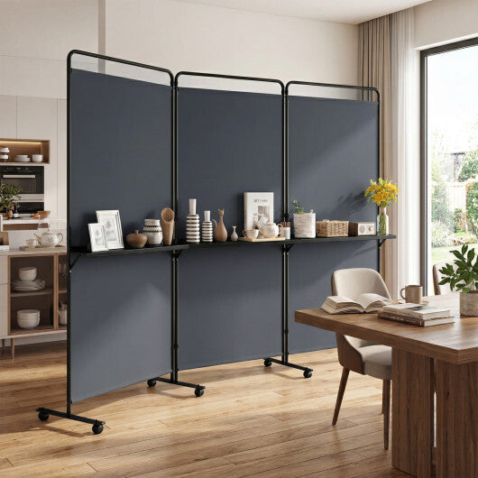 3-Panel Room Divider with Shelves 6 FT Tall Folding Privacy Screen with Lockable Wheels-White LuxuryLifeWay Online Store