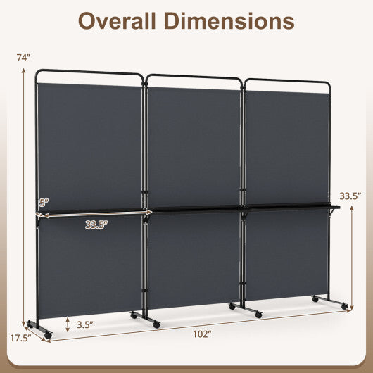 3-Panel Room Divider with Shelves 6 FT Tall Folding Privacy Screen with Lockable Wheels-White LuxuryLifeWay Online Store