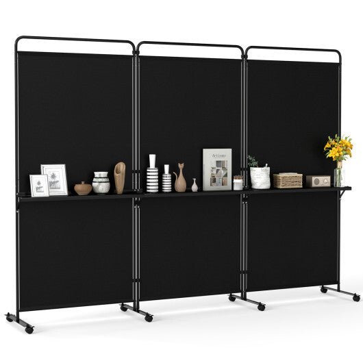 3-Panel Room Divider with Shelves 6 FT Tall Folding Privacy Screen with Lockable Wheels-White LuxuryLifeWay Online Store