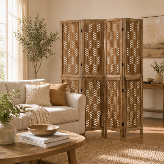 5.5 FT Tall Room Divider 4 Panels with Wave Cutout & Paulownia Frame for Room-Brown LuxuryLifeWay Online Store