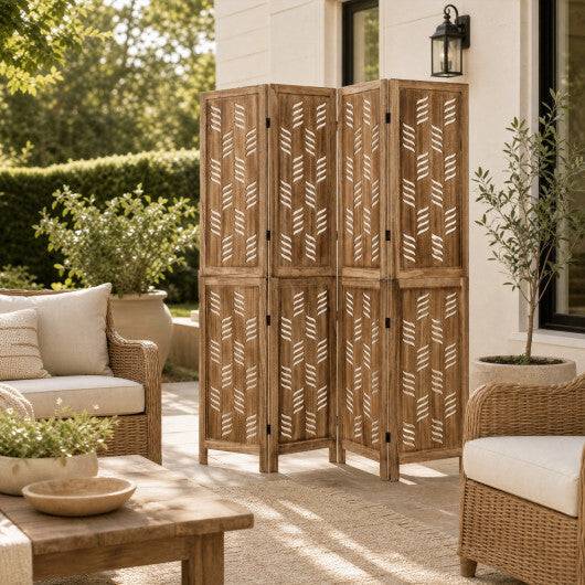 5.5 FT Tall Room Divider 4 Panels with Wave Cutout & Paulownia Frame for Room-Brown LuxuryLifeWay Online Store