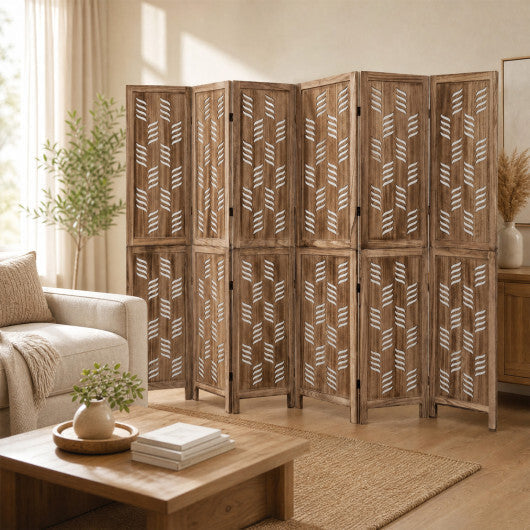 5.5 FT Tall Room Divider 6 Panels with Wave Cutout & Paulownia Frame for Room-Brown LuxuryLifeWay Online Store