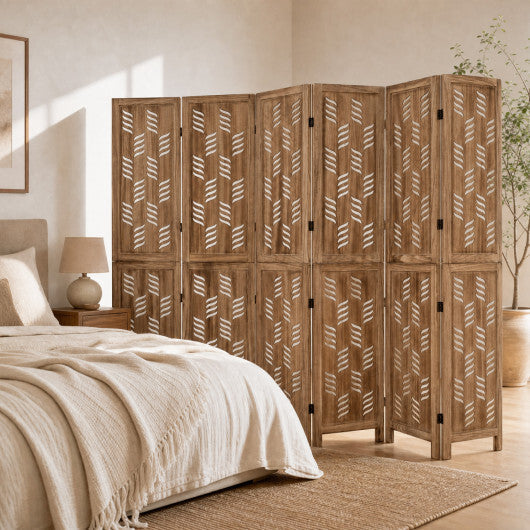 5.5 FT Tall Room Divider 6 Panels with Wave Cutout & Paulownia Frame for Room-Brown LuxuryLifeWay Online Store