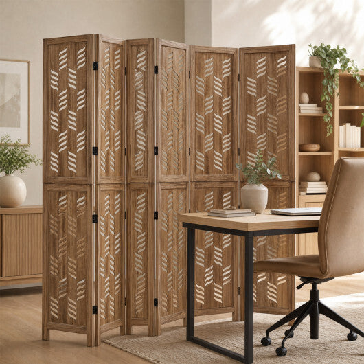 5.5 FT Tall Room Divider 6 Panels with Wave Cutout & Paulownia Frame for Room-Brown LuxuryLifeWay Online Store