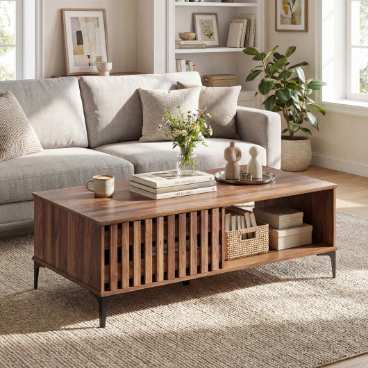 47 Inches Mid Century Coffee Table Farmhouse Wooden Center Table-Walnut LuxuryLifeWay Online Store