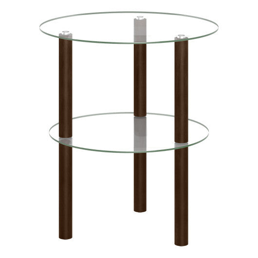 2-Tier Round End Table with Clear Tempered Glass Top and Shelf-Brown LuxuryLifeWay Online Store
