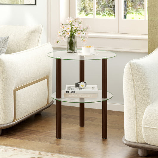2-Tier Round End Table with Clear Tempered Glass Top and Shelf-Brown LuxuryLifeWay Online Store