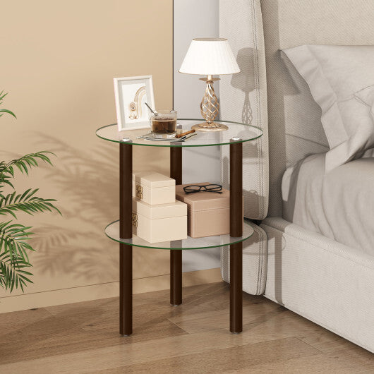 2-Tier Round End Table with Clear Tempered Glass Top and Shelf-Brown LuxuryLifeWay Online Store