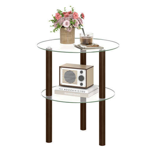 2-Tier Round End Table with Clear Tempered Glass Top and Shelf-Brown LuxuryLifeWay Online Store