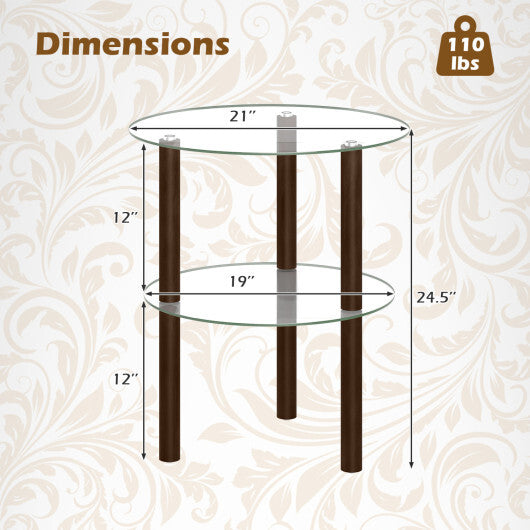 2-Tier Round End Table with Clear Tempered Glass Top and Shelf-Brown LuxuryLifeWay Online Store