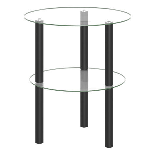 2-Tier Round End Table with Clear Tempered Glass Top and Shelf-Brown LuxuryLifeWay Online Store