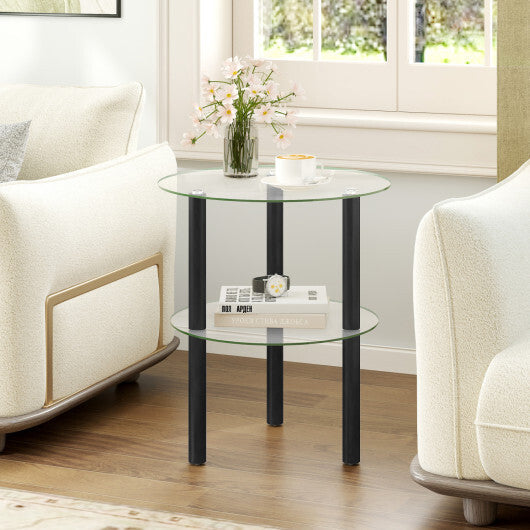 2-Tier Round End Table with Clear Tempered Glass Top and Shelf-Brown LuxuryLifeWay Online Store
