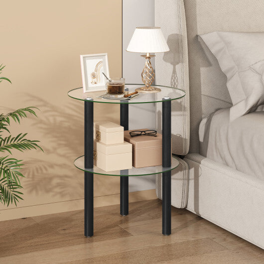 2-Tier Round End Table with Clear Tempered Glass Top and Shelf-Brown LuxuryLifeWay Online Store