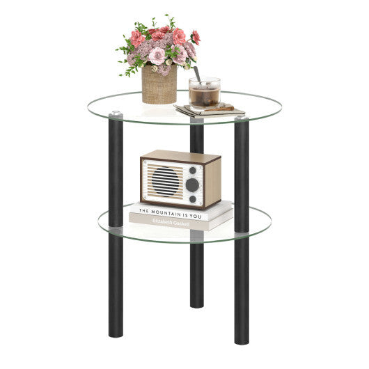2-Tier Round End Table with Clear Tempered Glass Top and Shelf-Brown LuxuryLifeWay Online Store