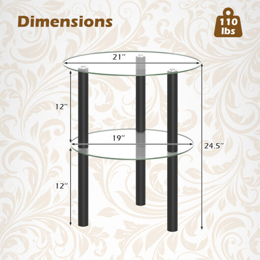 2-Tier Round End Table with Clear Tempered Glass Top and Shelf-Brown LuxuryLifeWay Online Store
