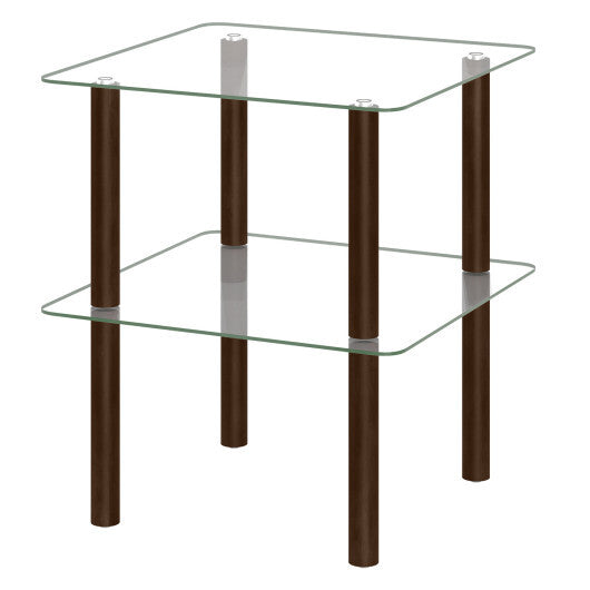 2-Tier Square End Table with Shelf and Clear Tempered Glass Top-Brown LuxuryLifeWay Online Store