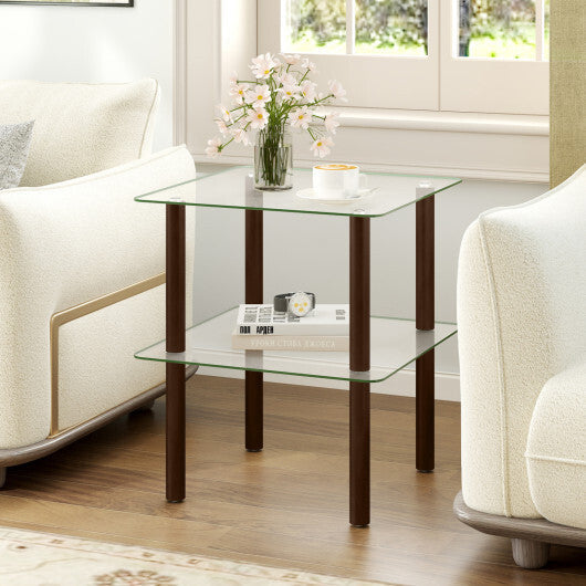 2-Tier Square End Table with Shelf and Clear Tempered Glass Top-Brown LuxuryLifeWay Online Store