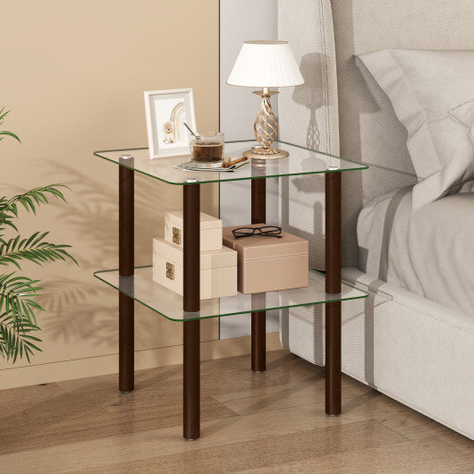2-Tier Square End Table with Shelf and Clear Tempered Glass Top-Brown LuxuryLifeWay Online Store