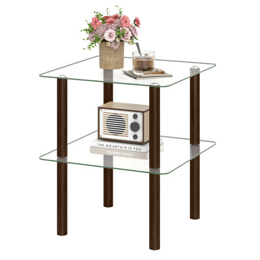 2-Tier Square End Table with Shelf and Clear Tempered Glass Top-Brown LuxuryLifeWay Online Store