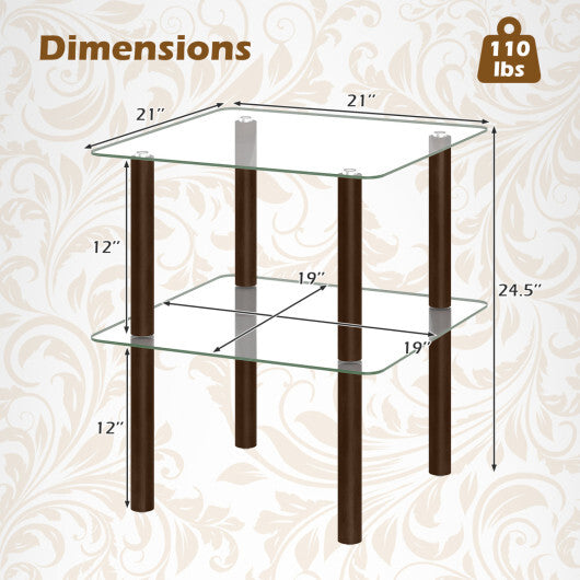 2-Tier Square End Table with Shelf and Clear Tempered Glass Top-Brown LuxuryLifeWay Online Store