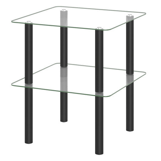 2-Tier Square End Table with Shelf and Clear Tempered Glass Top-Brown LuxuryLifeWay Online Store