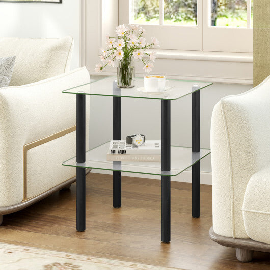 2-Tier Square End Table with Shelf and Clear Tempered Glass Top-Brown LuxuryLifeWay Online Store
