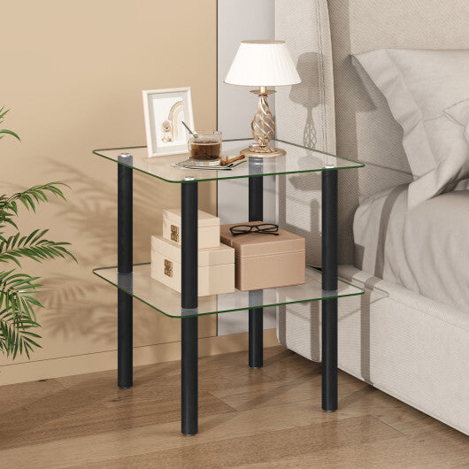 2-Tier Square End Table with Shelf and Clear Tempered Glass Top-Brown LuxuryLifeWay Online Store