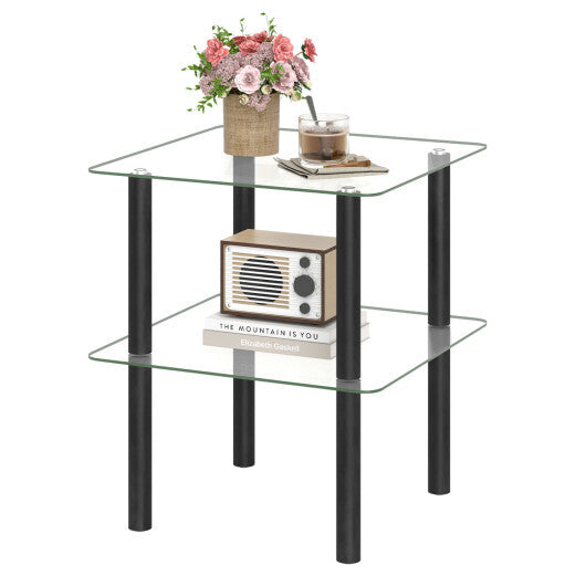 2-Tier Square End Table with Shelf and Clear Tempered Glass Top-Brown LuxuryLifeWay Online Store