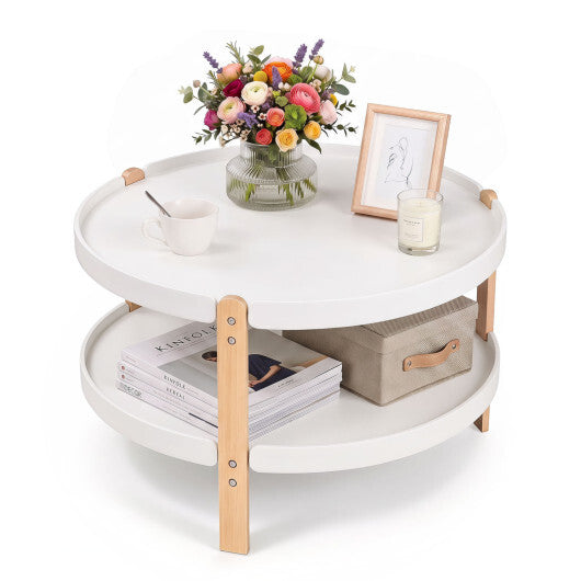 23.5" 2-Tier Round Coffee Table with Solid Wood Legs and Open Storage Shelf-White LuxuryLifeWay Online Store