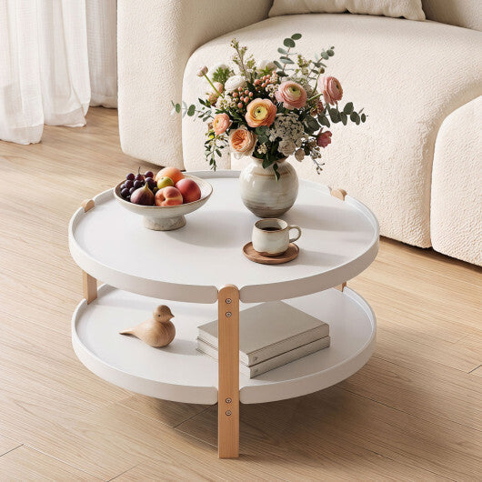 23.5" 2-Tier Round Coffee Table with Solid Wood Legs and Open Storage Shelf-White LuxuryLifeWay Online Store