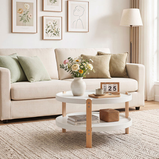 23.5" 2-Tier Round Coffee Table with Solid Wood Legs and Open Storage Shelf-White LuxuryLifeWay Online Store